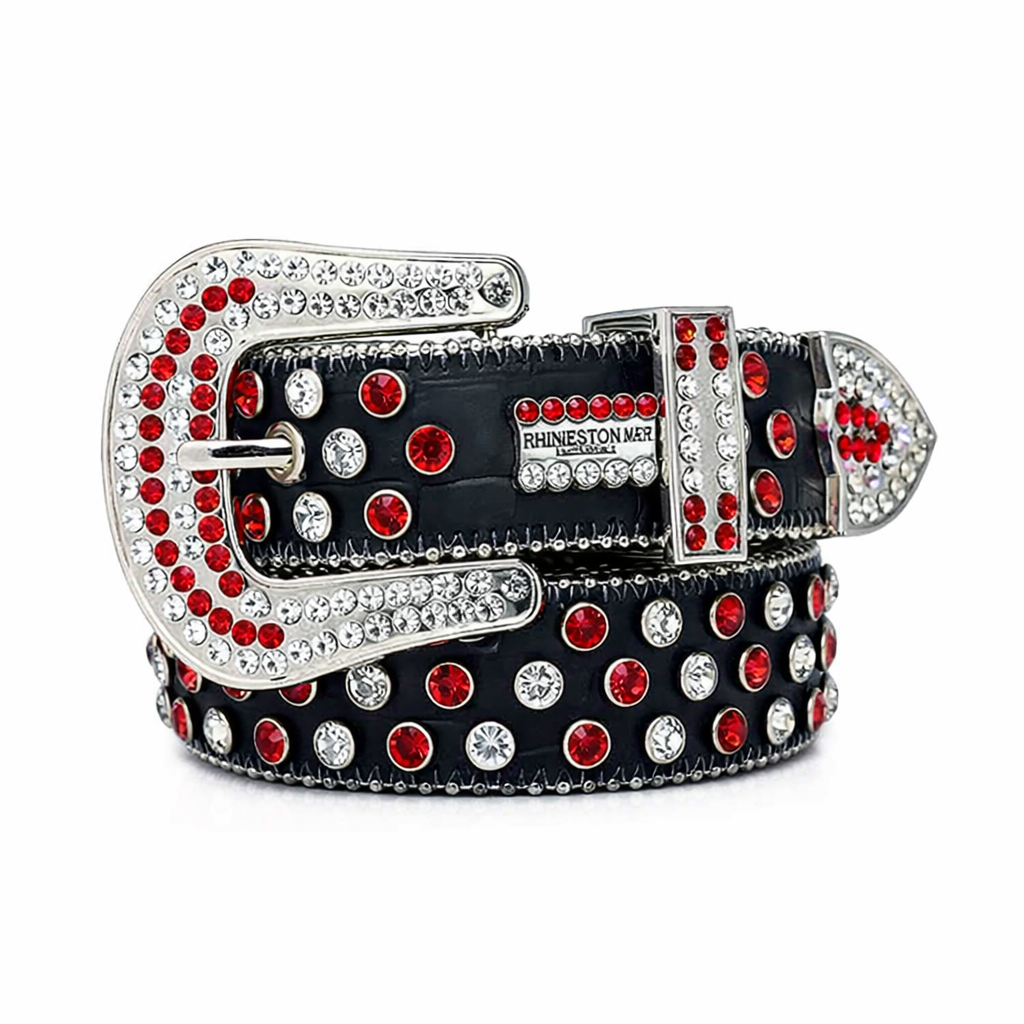 Black Strap Red & White Rhinestone Sparkling BB Belt