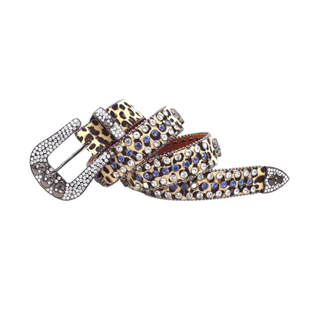 Skull Buckle Leopard Strap Blue & Crystal Rhinestone Studded Belt