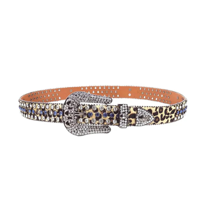 Skull Buckle Leopard Strap Blue & Crystal Rhinestone Studded Belt