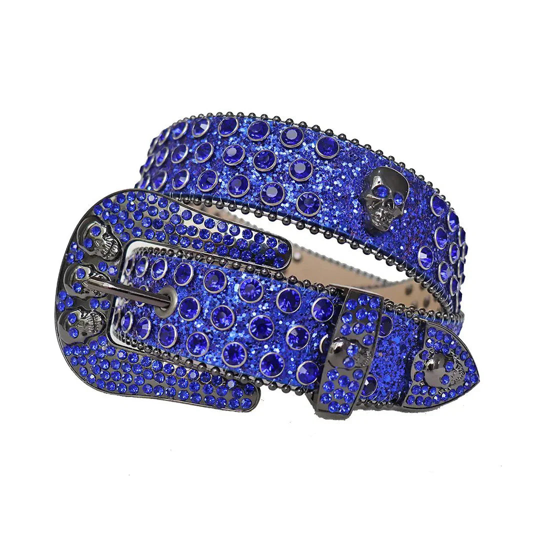 Blue Rhinestone Belt with Glitter Strap and Skull Buckle Details