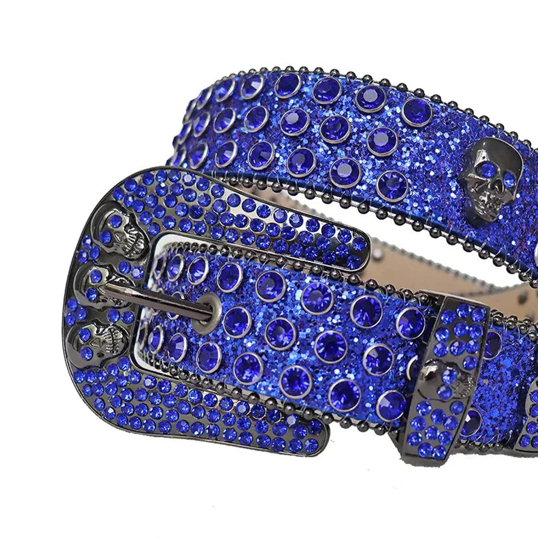 Blue Rhinestone Belt with Glitter Strap and Skull Buckle Details