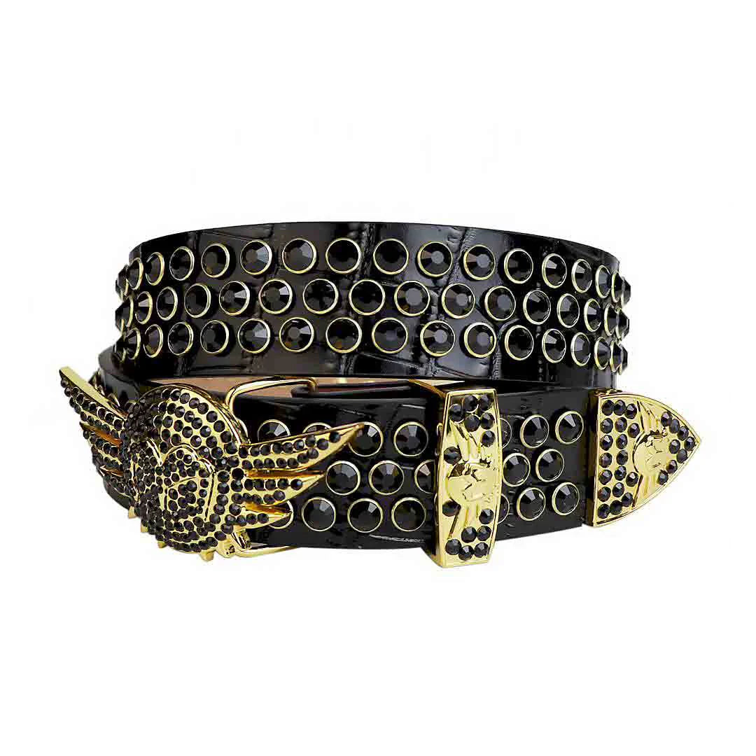 Angel Wings Buckle Black Strap Rhinestone Studded Belt