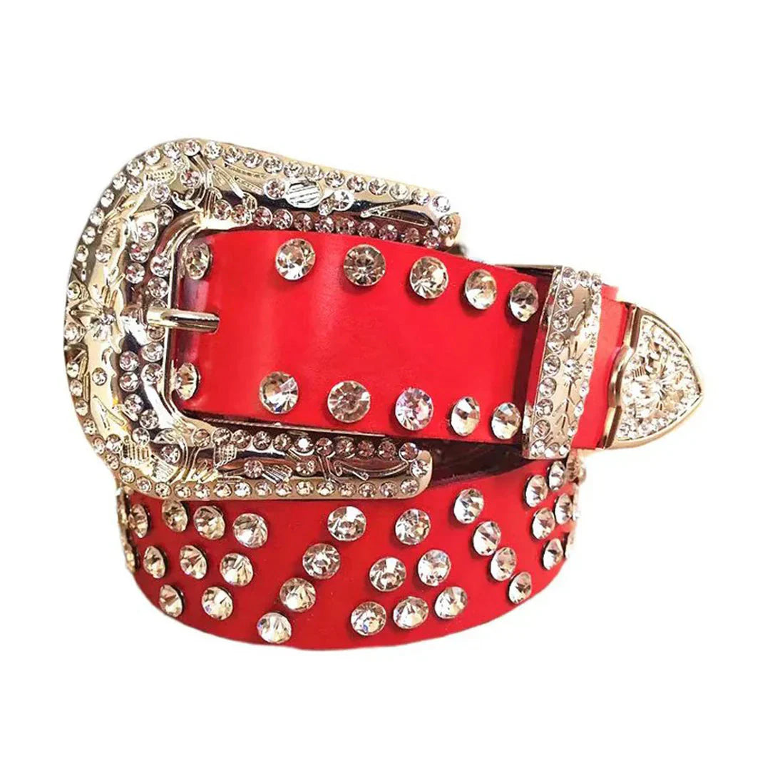 Red Strap Diamond Rhinestone Studded Belt