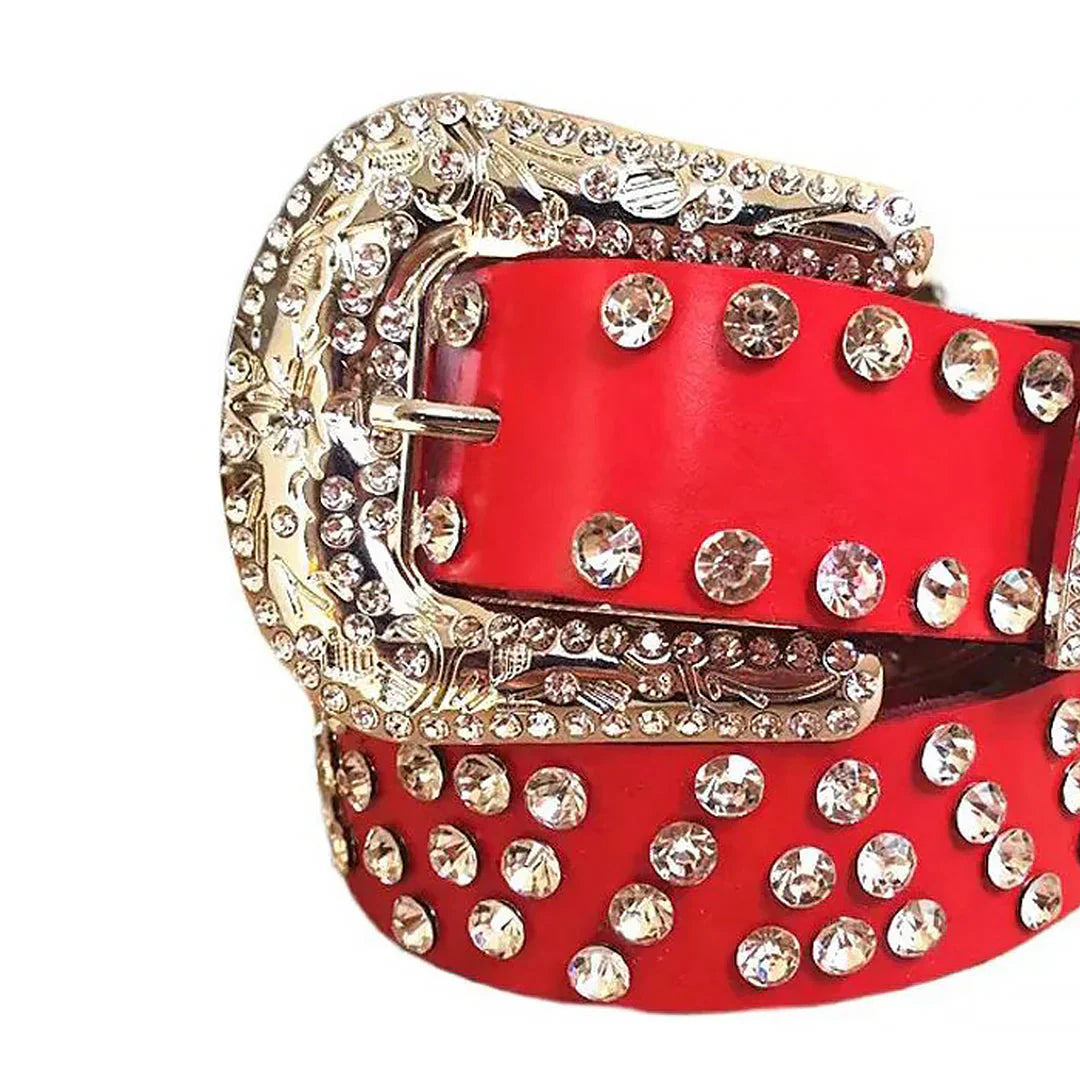 Red Strap Diamond Rhinestone Studded Belt