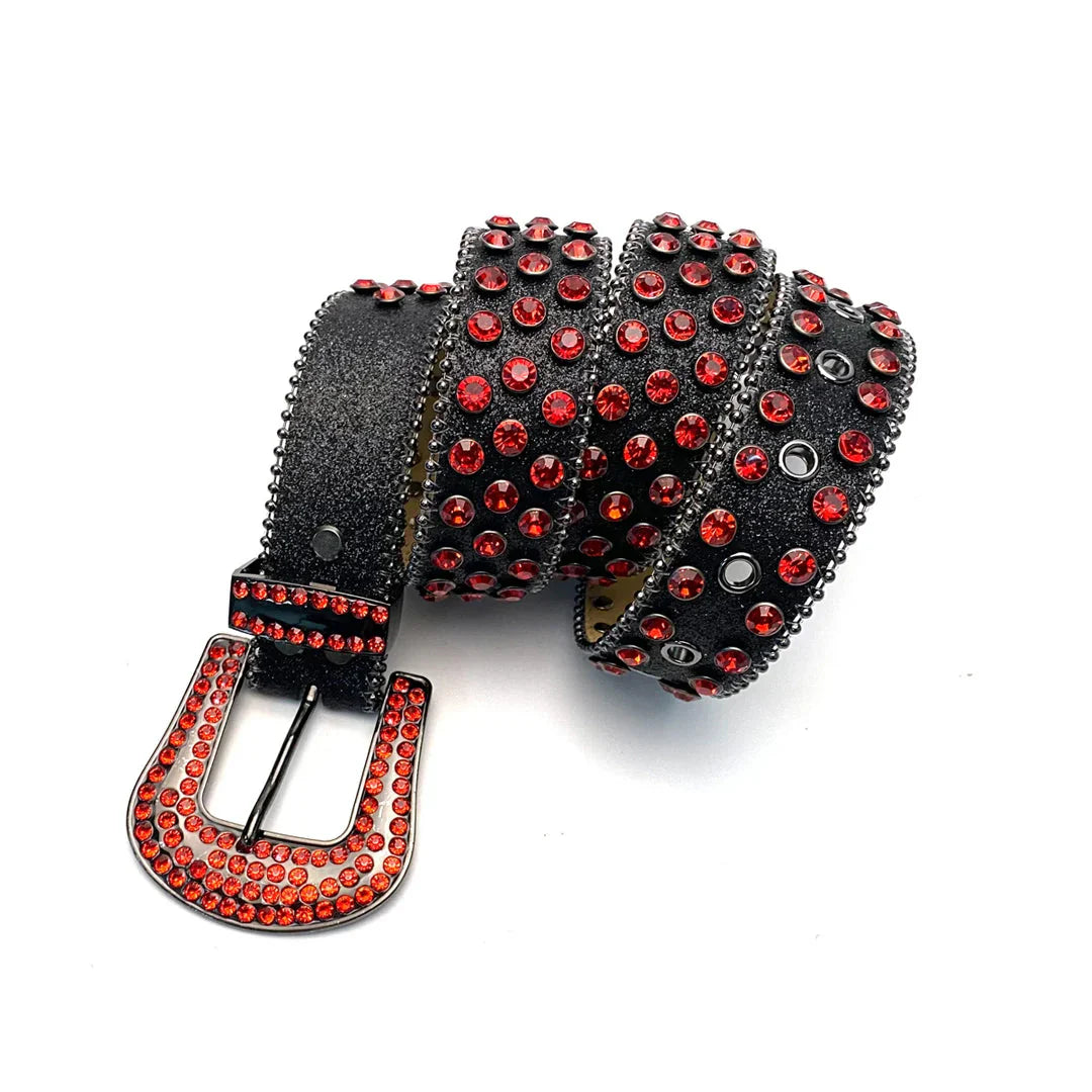 Black Strap Red Rhinestone Studded Belt