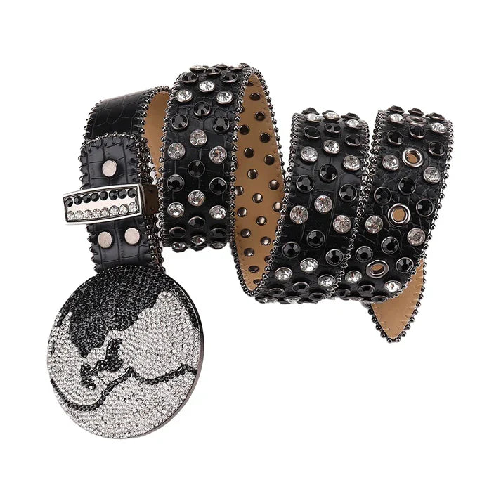 Earth World Buckle Black Rhinestone Studded Belt