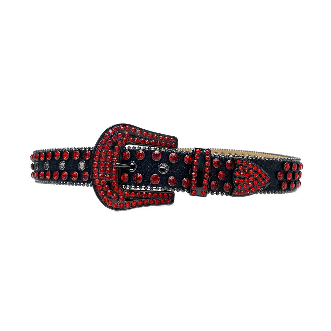 Black Strap Red Rhinestone Studded Belt