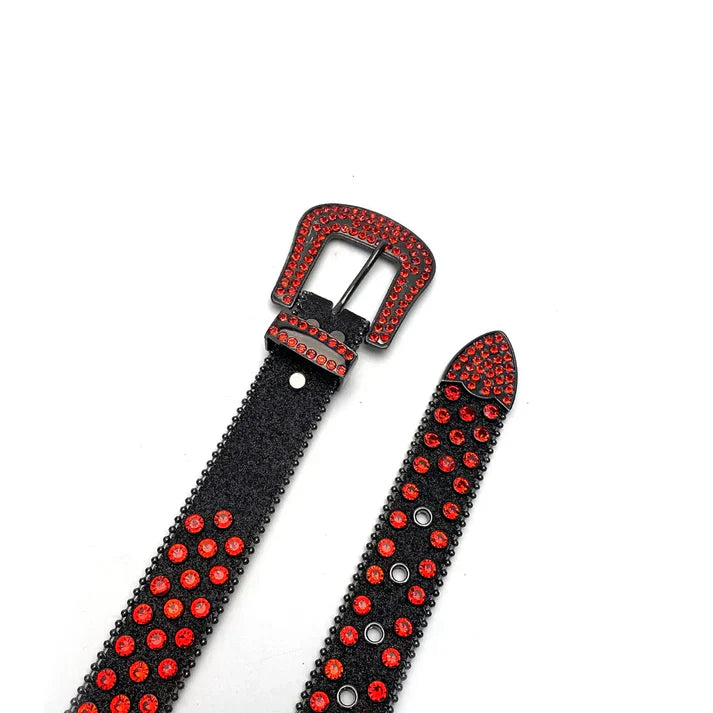 Black Strap Red Rhinestone Studded Belt