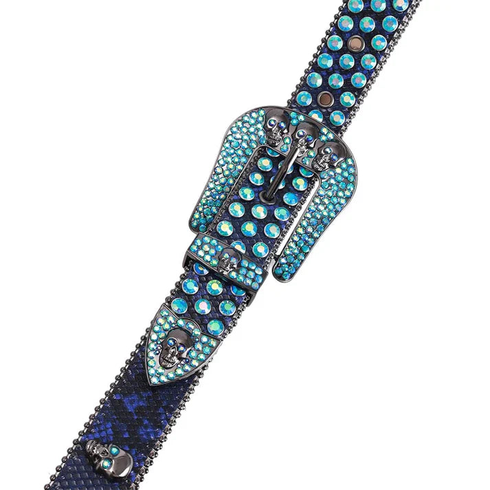 Blue Skull Buckle Rhinestone Studded Belt