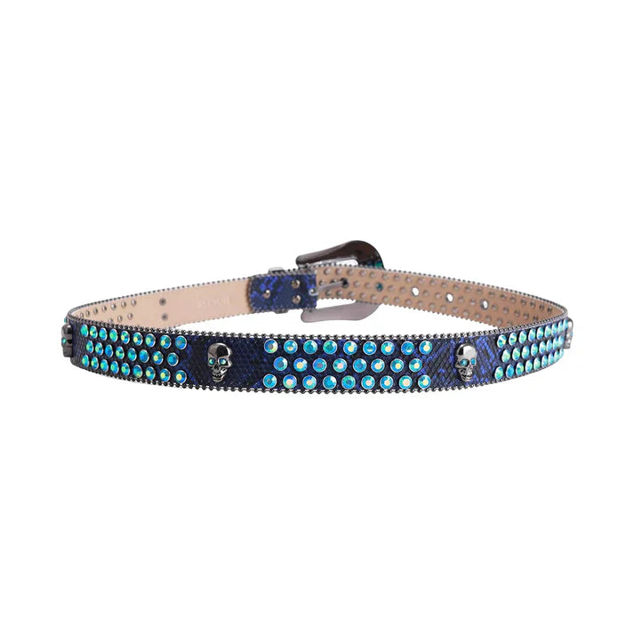Blue Skull Buckle Rhinestone Studded Belt