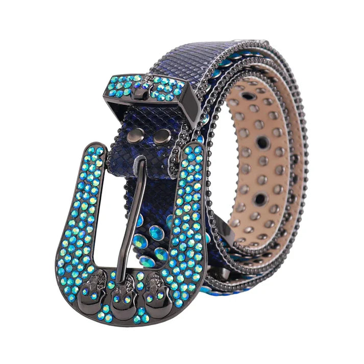 Blue Skull Buckle Rhinestone Studded Belt