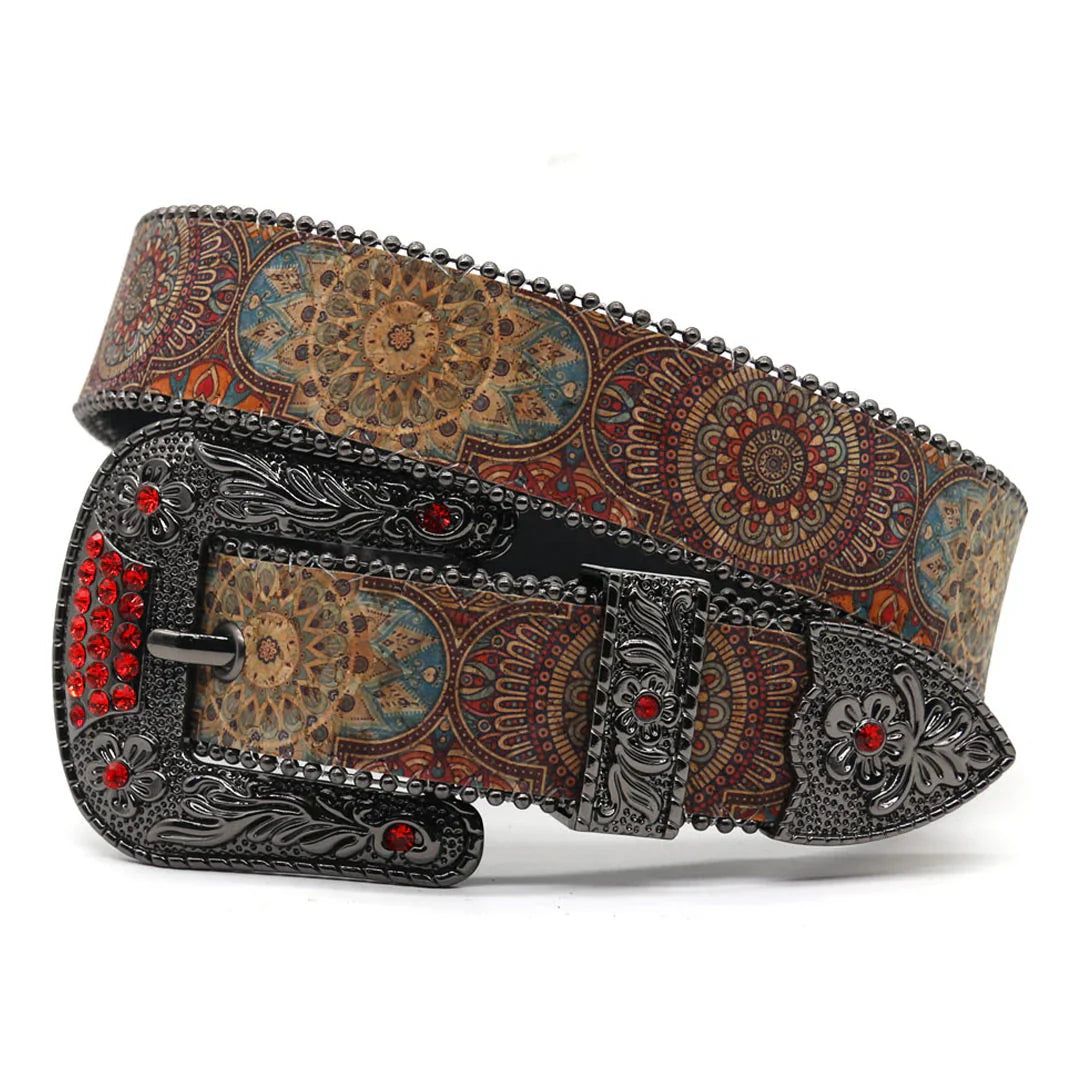 Engraved Zombie Art Buckle Red Studded Rhinestone Belt