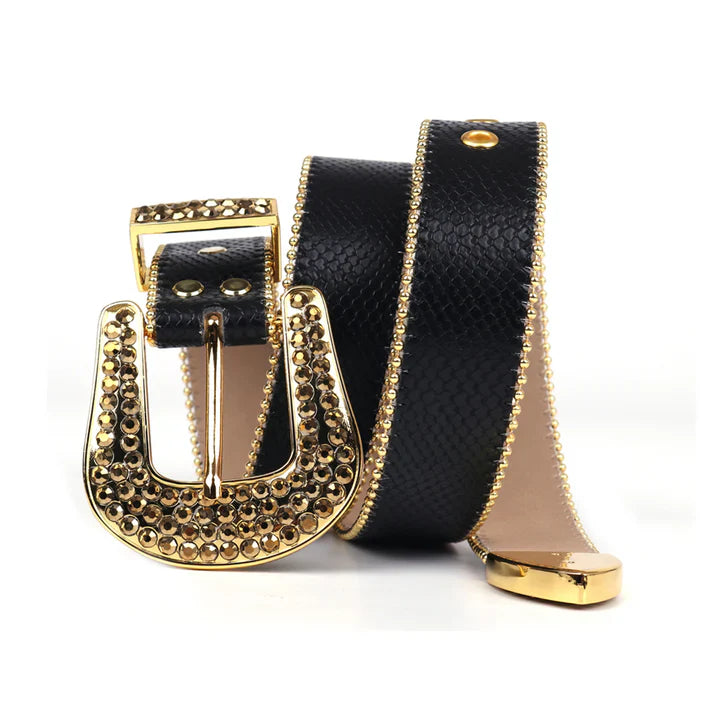 Black Strap Gold Stud Rhinestone Belt