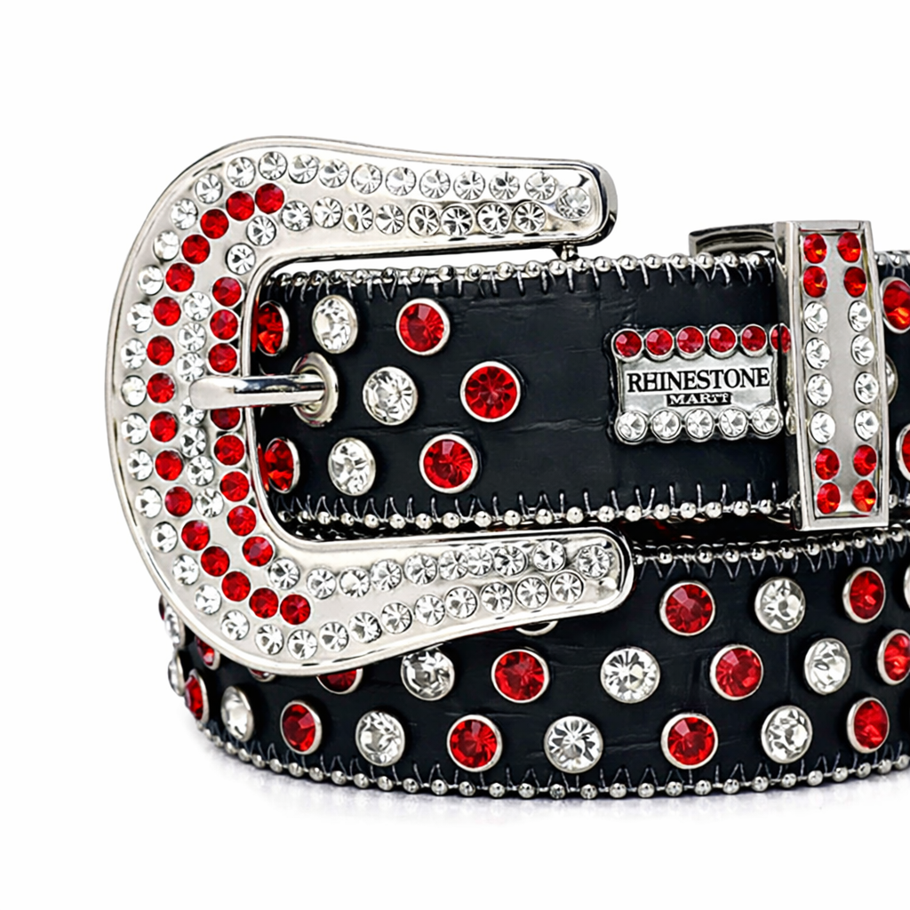 Black Strap Red & White Rhinestone Sparkling BB Belt