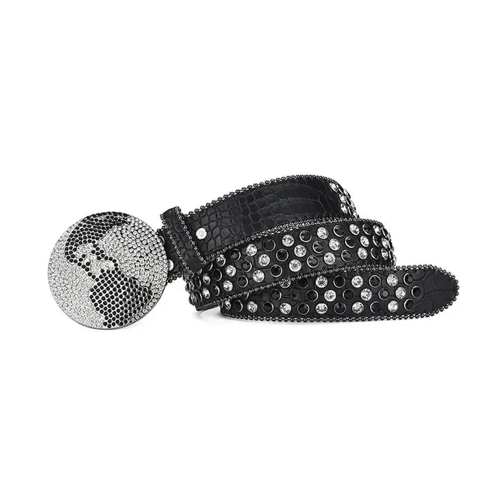 Globe Buckle Black & Crystal Rhinestone Studded Belt