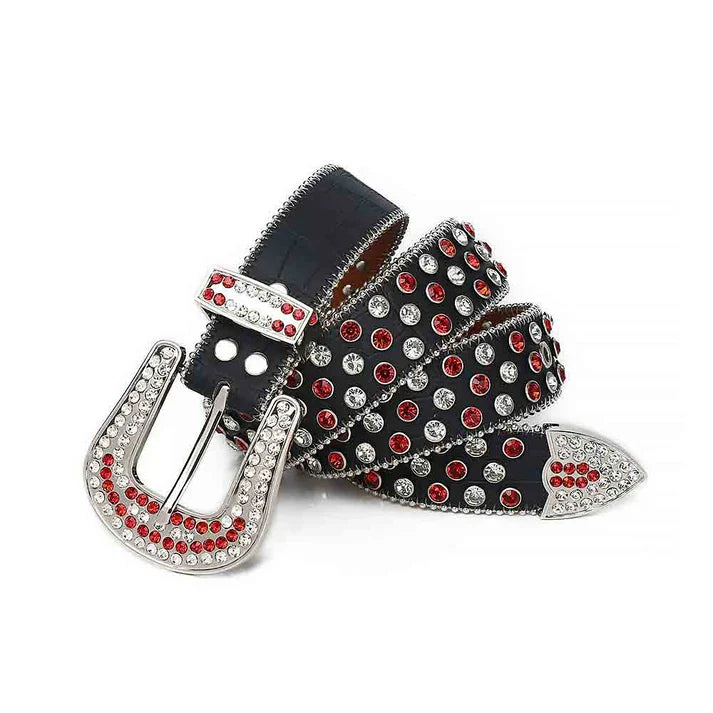 Black Strap Red & White Rhinestone Sparkling BB Belt