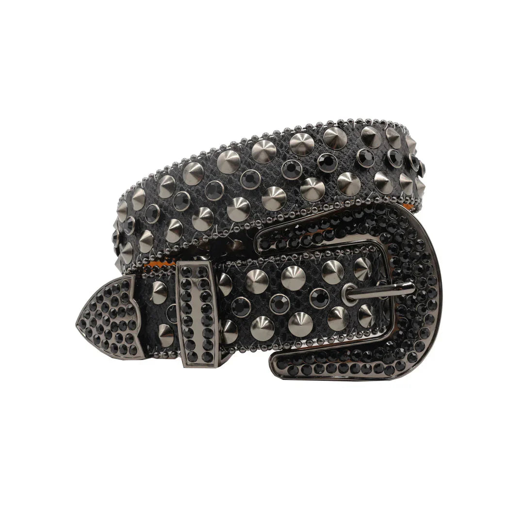 Engraved Buckle Black Studded Rhinestone Belt