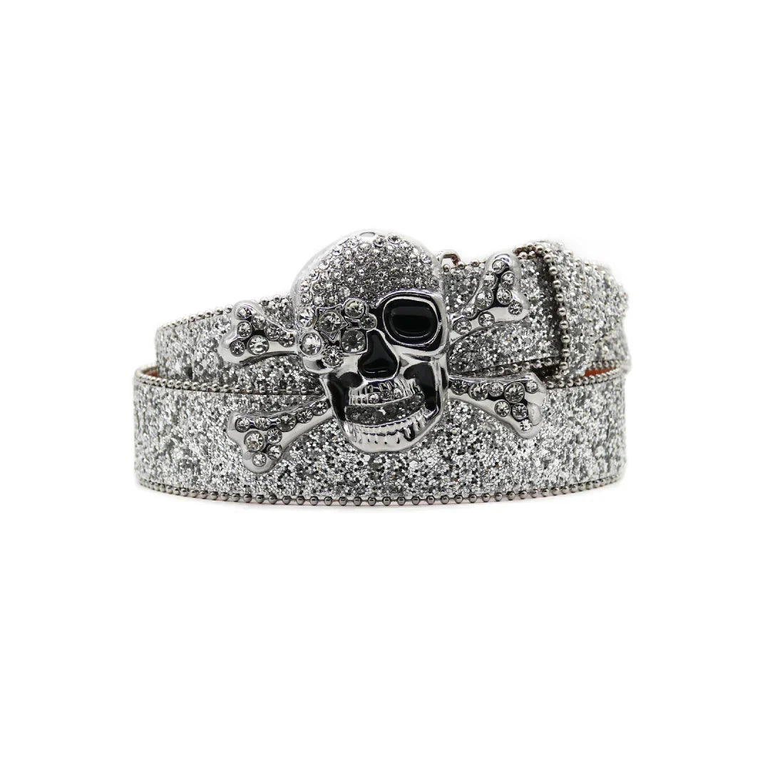 Ornate Skull Buckle Silver Studded Rhinestone Belt