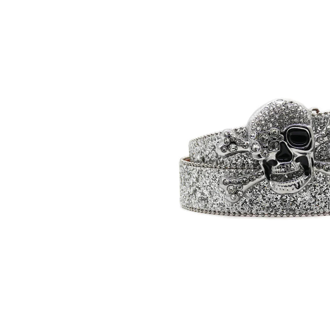 Ornate Skull Buckle Silver Studded Rhinestone Belt