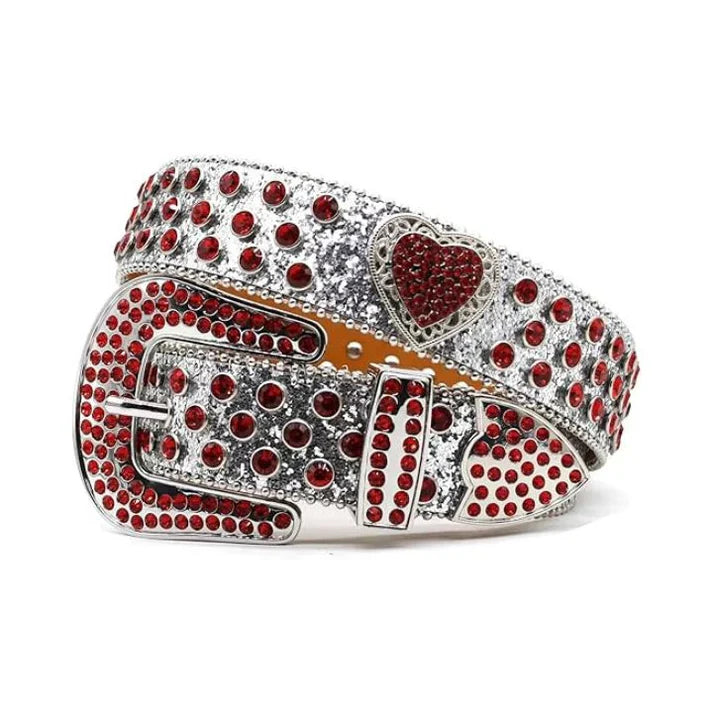 Men’s Luxury Red Heart Diamond Studded Rhinestone Punk Rock Belt