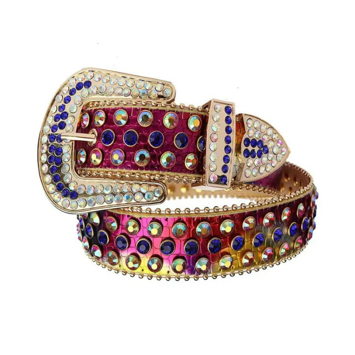 Red Chromatic Rhinestone Belt with Blue Crystal Accents