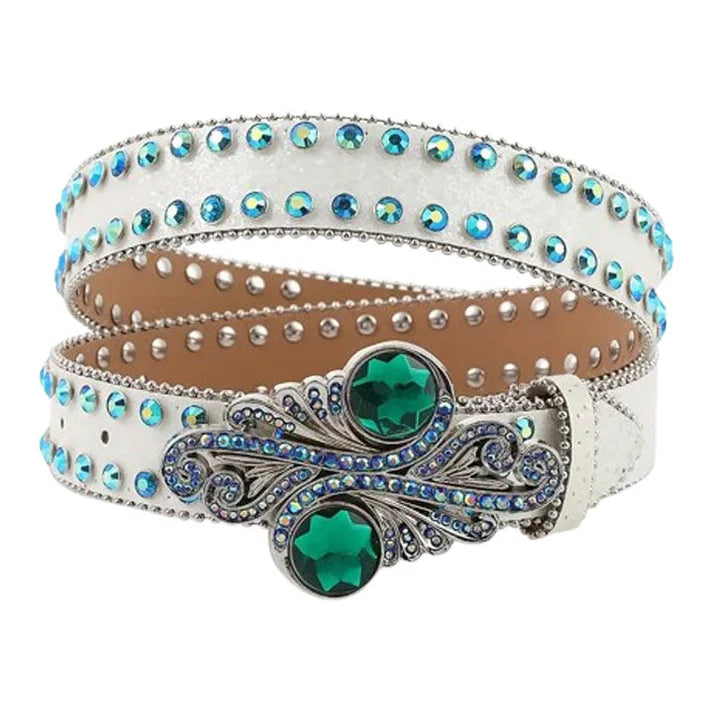 White Rhinestone Belt with Emerald Green Western Buckle