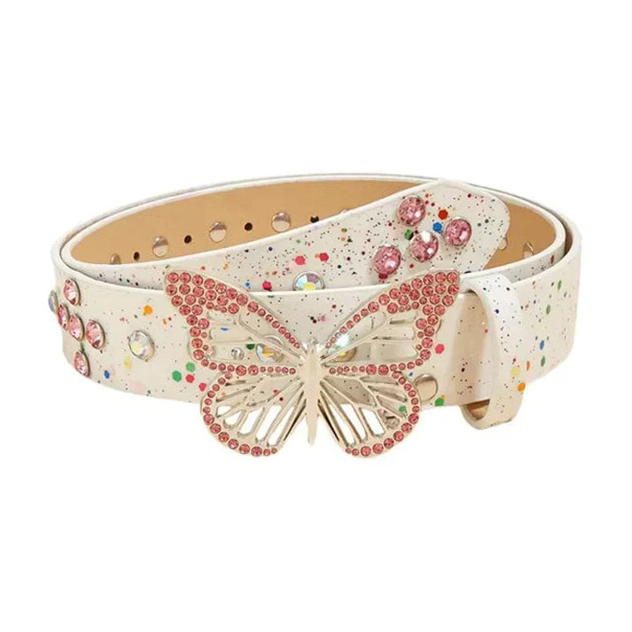 White Butterfly Rhinestone Glitter Belt