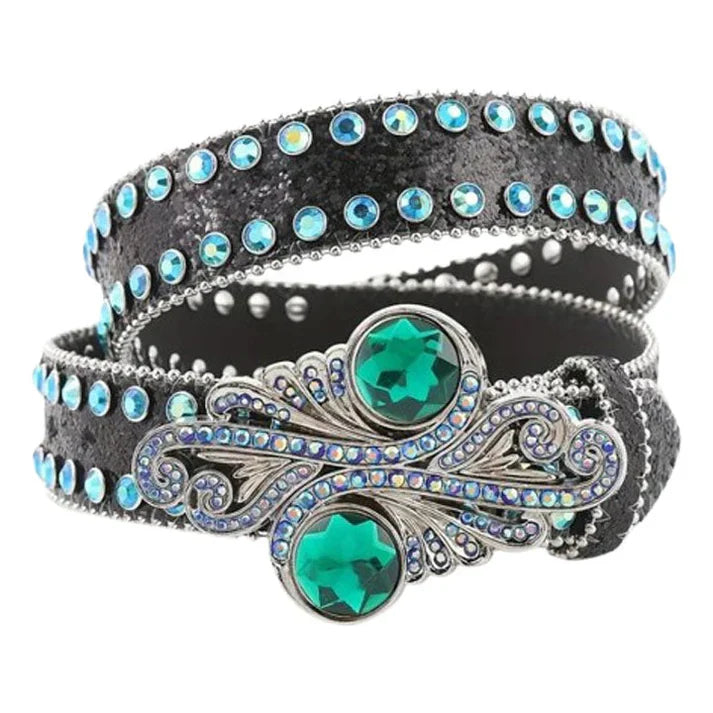 Black Rhinestone Belt with Emerald Green Western Buckle