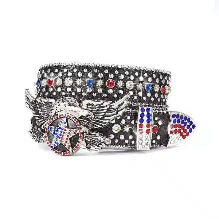 Black American Eagle Star Rhinestone Western Belt