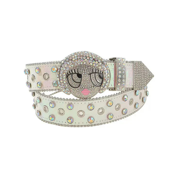 White Cute Face Buckle Rhinestone Belt