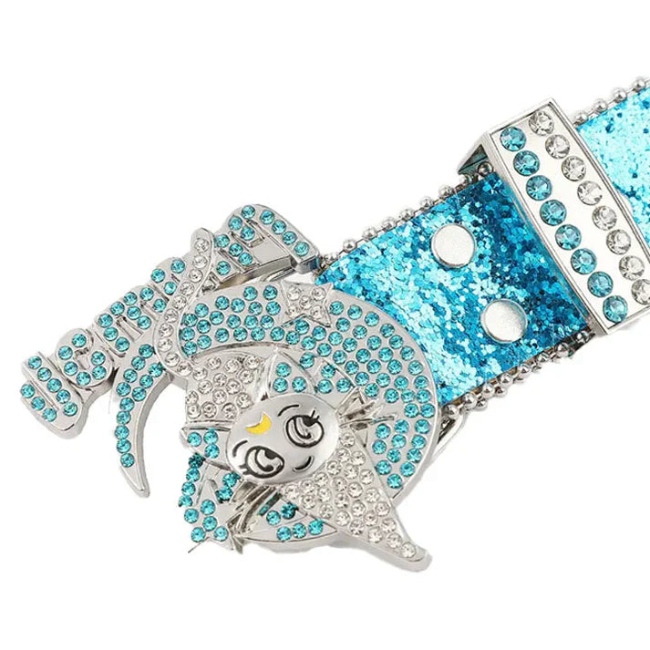 Blue Glitter Moon & Cat Rhinestone Western Belt