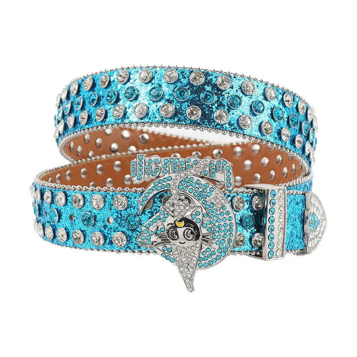 Blue Glitter Moon & Cat Rhinestone Western Belt