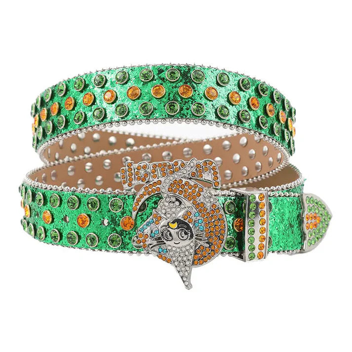 Green Gold Crystal Moon Cat Western Belt