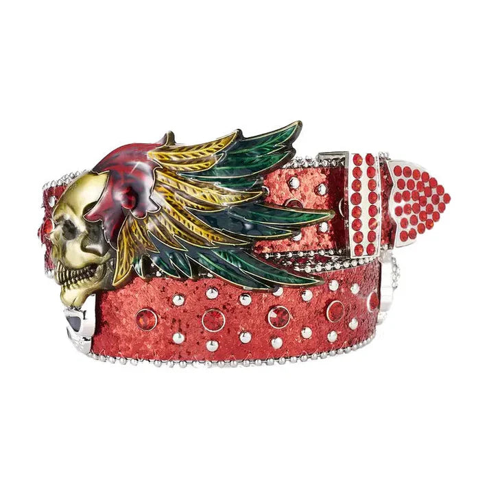 Skull & Feather Buckle Red Glitter Western Belt