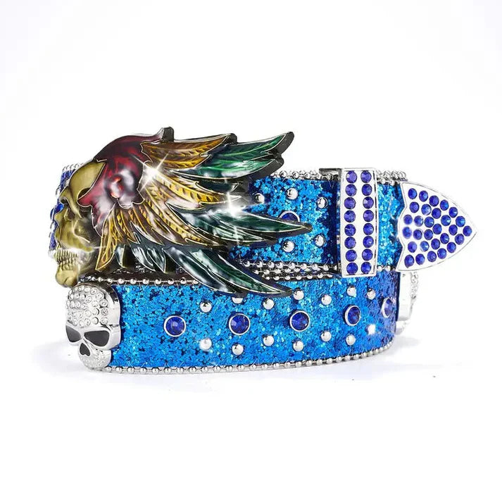 Blue Glitter Skull & Feather Rhinestone Western Belt