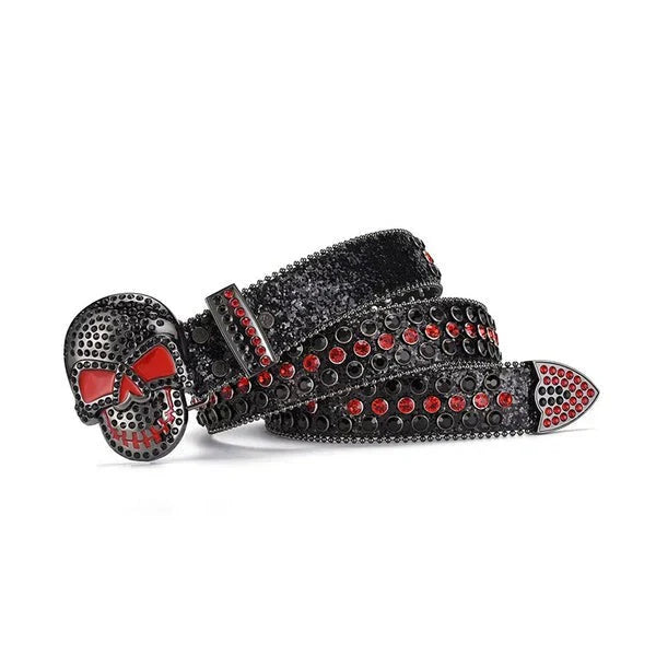 Skull Buckle Black Strap Black & Red Rhinestone Studded Belt