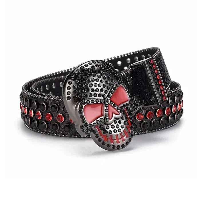 Skull Buckle Black Strap Black & Red Rhinestone Studded Belt