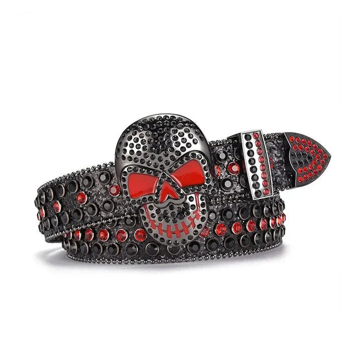 Skull Buckle Black Strap Black & Red Rhinestone Studded Belt