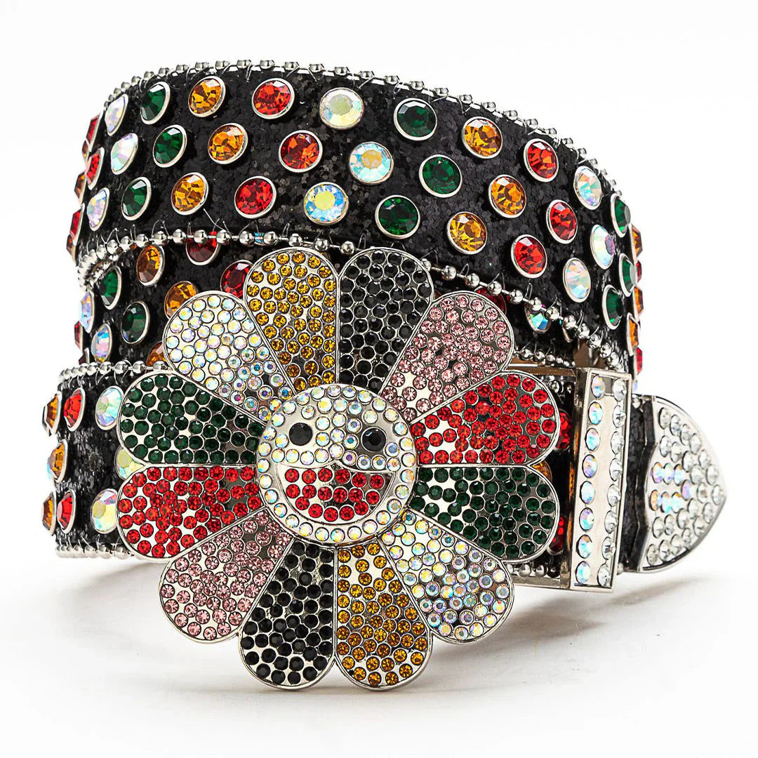 Flower Buckle Black Strap Multi-Color Rhinestone Studded Belt