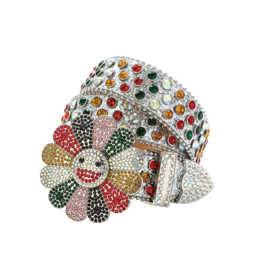 Flower Buckle Silver Strap Multi-Color Rhinestone Studded Belt