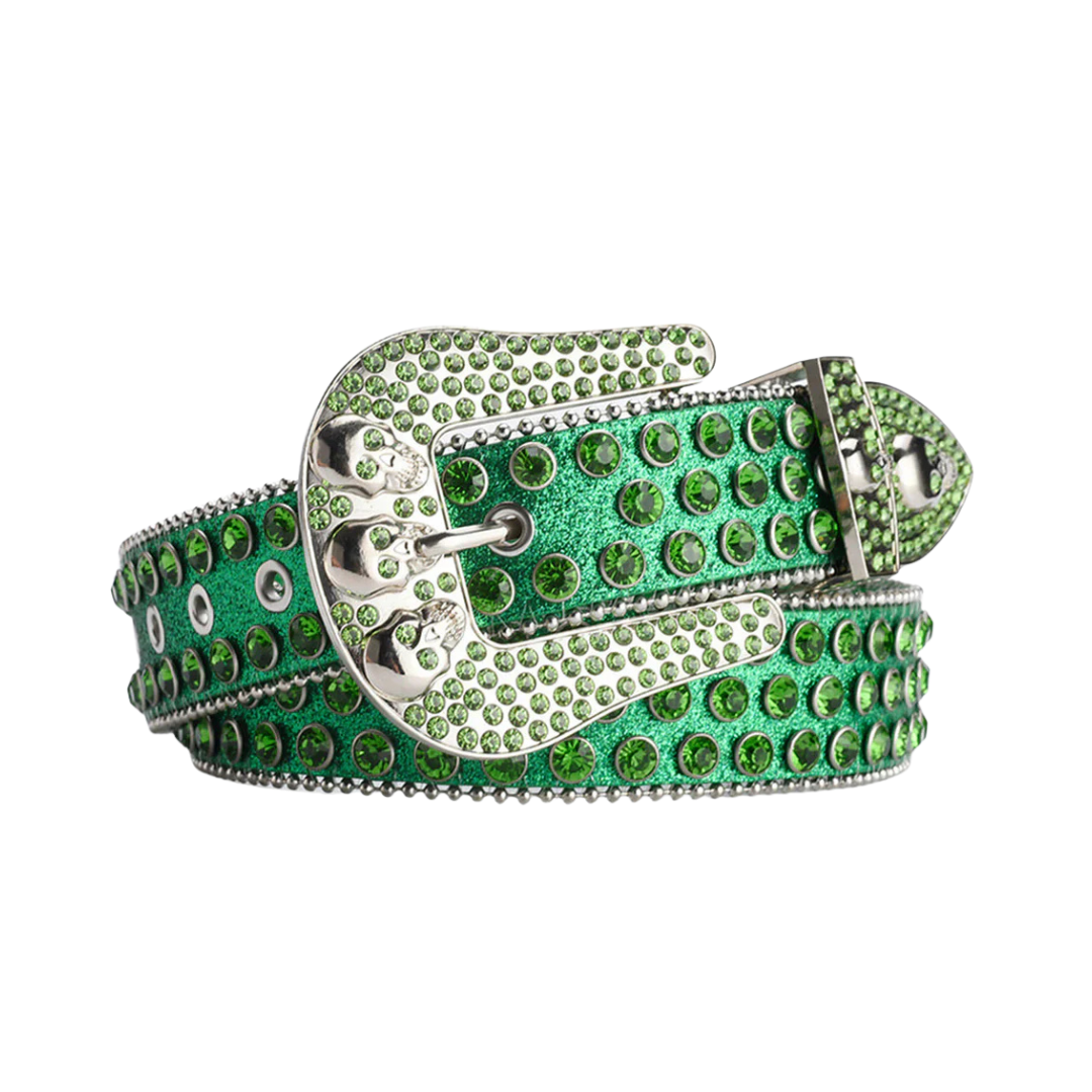 Skull Buckle Green Shiny Strap Rhinestone Studded Belt
