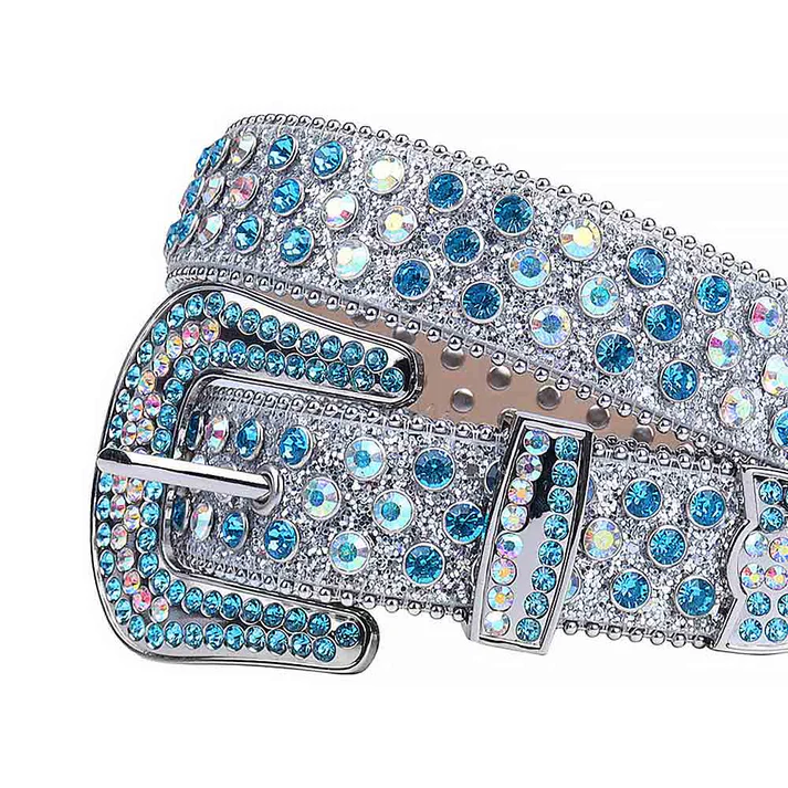 Rhinestones Leather Belts Silver Glitter With Multi And Blue Stones - Image 2