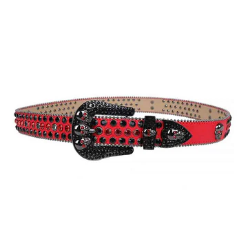 Red Strap With 7 Skulls Red & Black Studded Rhinestone Belt - Image 2