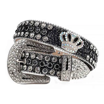 Sm Rhinestones Black Leather Strap Belts Crystal White And Black Stones With Crown