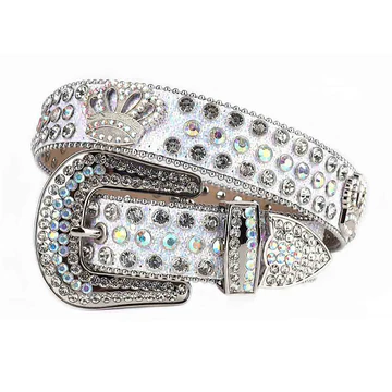 Sm Rhinestones Leather Strap Belts Crystal White And White Multi Stones With Crown