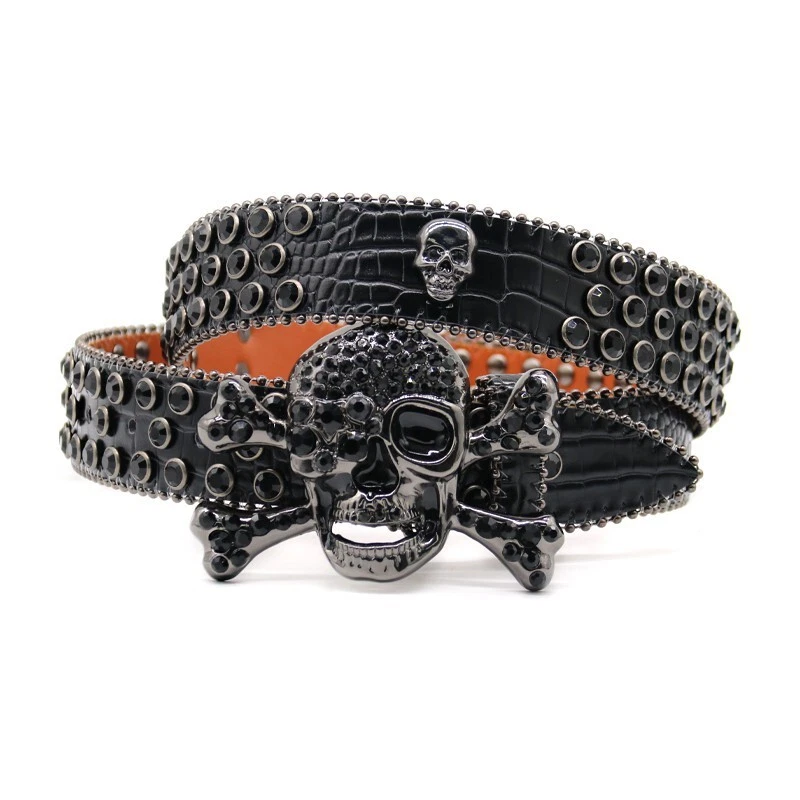 Men Women Sparkle Diamond Metal Skull Head Buckle Waist Band Jeans Western Punk Belt